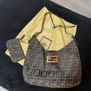 Vintage Fendi Zucca Canvas Leather Strap shoulder Bag
